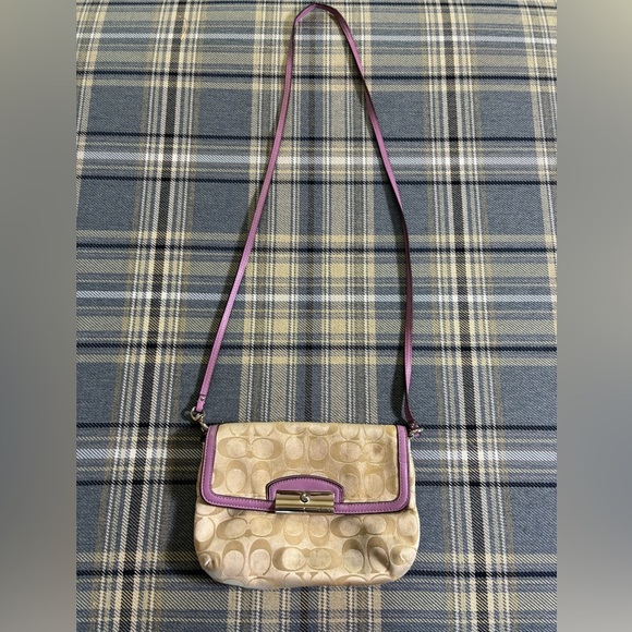 Coach Cream Kristin Flap Signature Sateen Lavender Trim Crossbody Purse - Picture 5 of 7